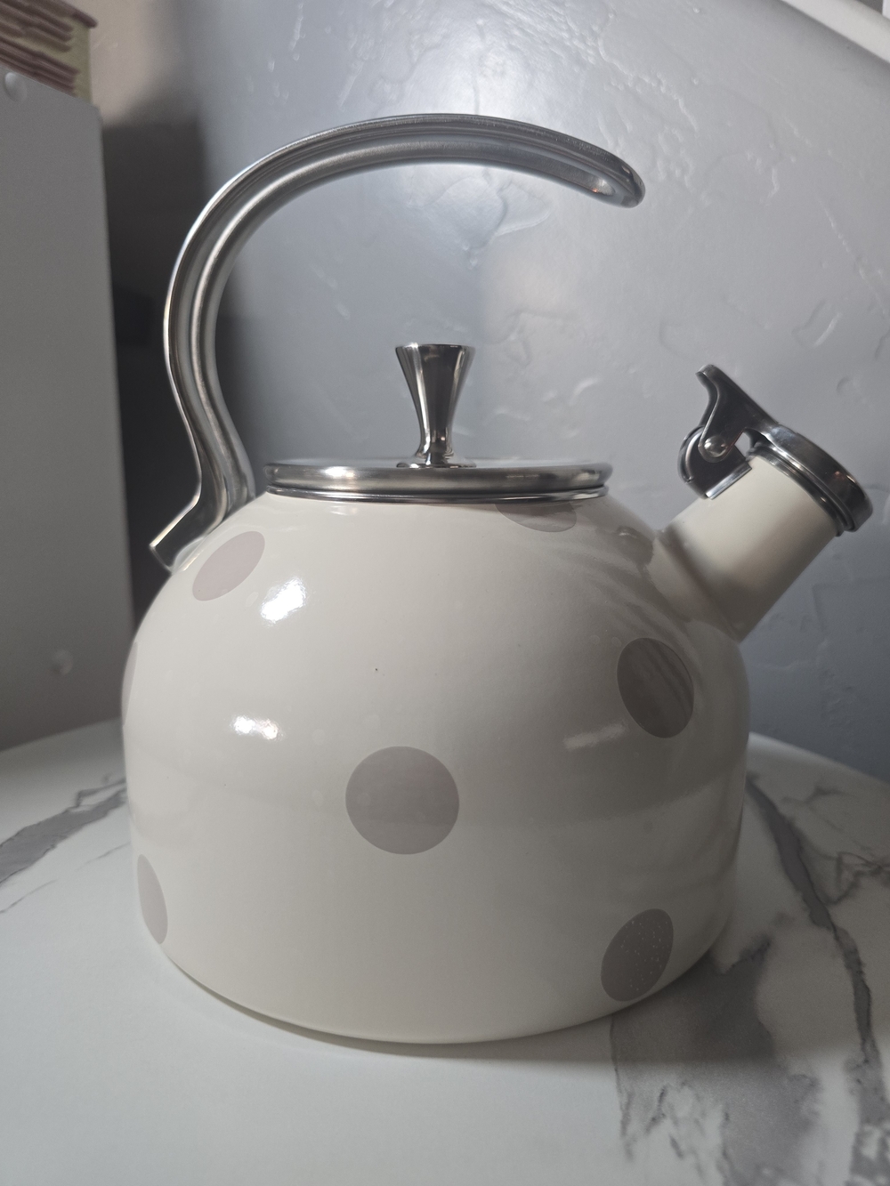 kate spade new york Polka Dot Whistling Kettle in White & Gray